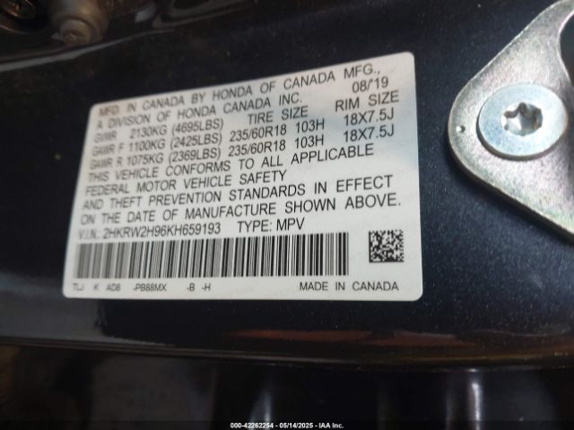 2HKRW2H96KH659193 Honda Cr-v Touring