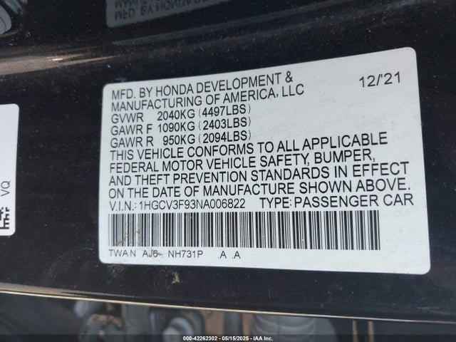 1HGCV3F93NA006822 Honda lfb2