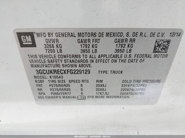 3GCUKRECXFG229129 Chevrolet l83 - vvt, active fuel management, aluminum