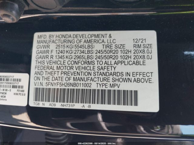 5FNYF5H26NB011002 Honda Pilot 2wd Special Edition