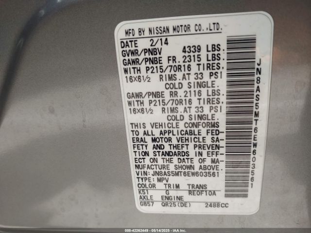 JN8AS5MT6EW603561 Nissan Rogue Select S