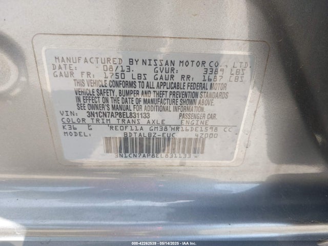 3N1CN7AP8EL831133 Nissan Versa 1.6 Sv