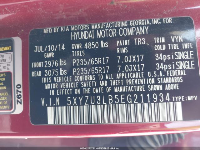 5XYZU3LB5EG211934 Hyundai Santa Fe Sport 2.4l