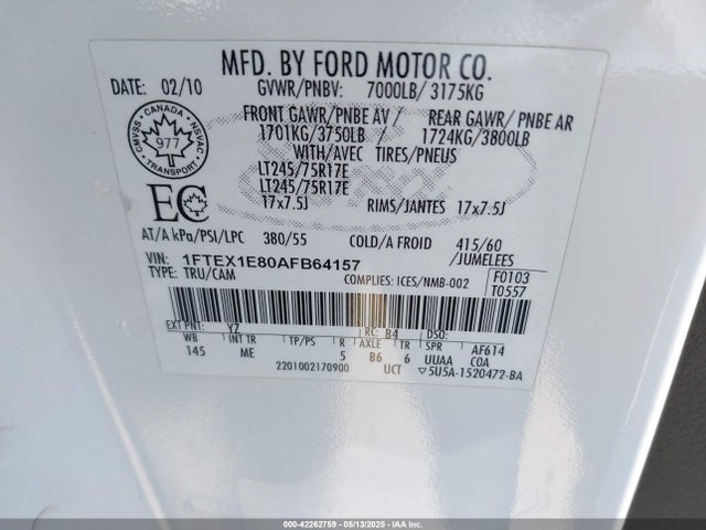 42262759 :رقم المزاد ، 1FTEX1E80AFB64157 vin ، 2010 Ford F-150 Stx/xl/xlt مزاد بيع
