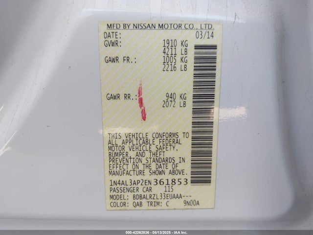 1N4AL3AP2EN361853 Nissan Altima 2.5 S