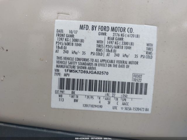 1FM5K7D89JGA02570 Ford EXPLORER XLT