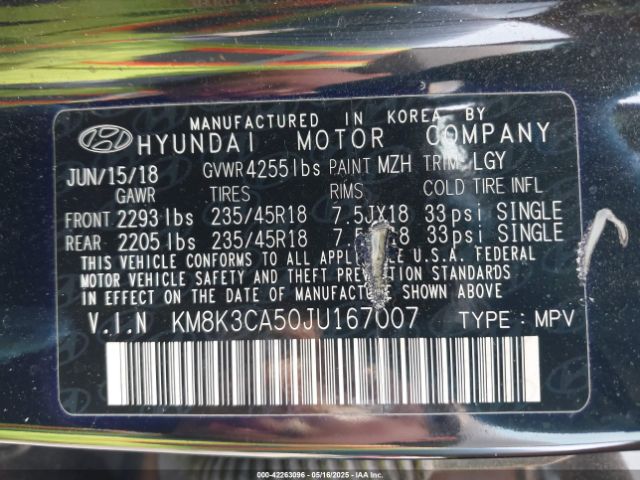 KM8K3CA50JU167007 Hyundai Kona Limited