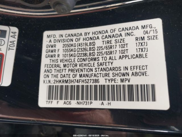 2HKRM3H74FH527386 Honda Cr-v Ex-l