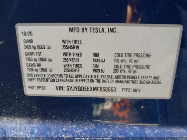 2021 TESLA MODEL Y 5YJYGDEEXMF068663 Photo 8