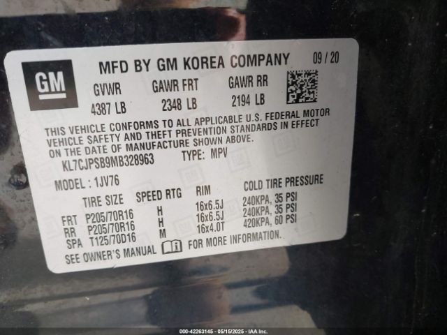 KL7CJPSB9MB328963 Chevrolet Trax Awd Lt