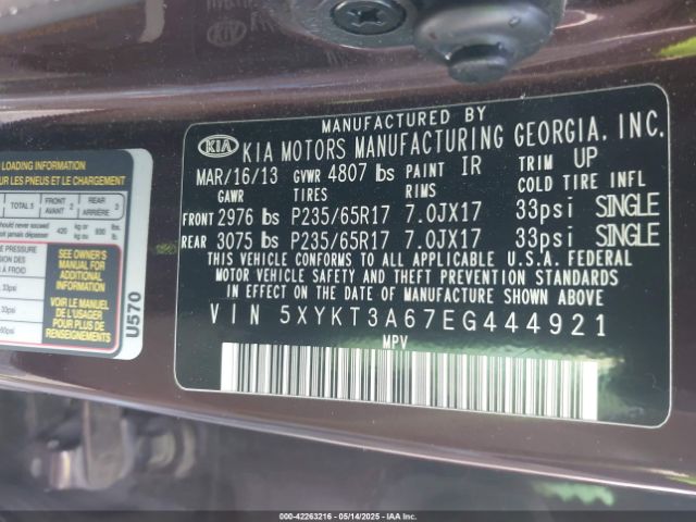 5XYKT3A67EG444921 KIA SORENTO LX