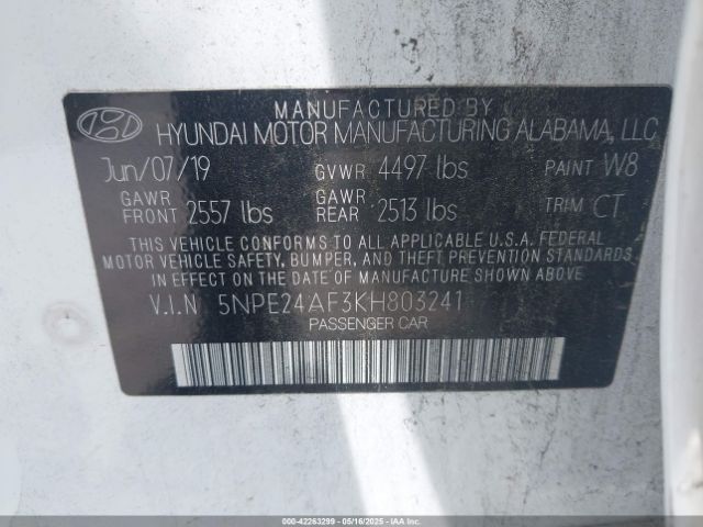 5NPE24AF3KH803241 Hyundai SONATA SE