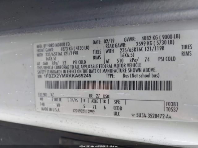 1FBZX2YMXKKA65245 Ford Transit-350 Xl