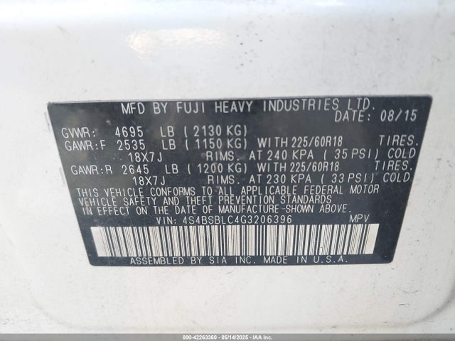 4S4BSBLC4G3206396 Subaru Outback 2.5i Limited