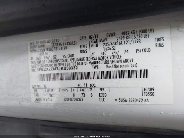 1FBZX2ZM7JKB39332 Ford Transit-350 Xl