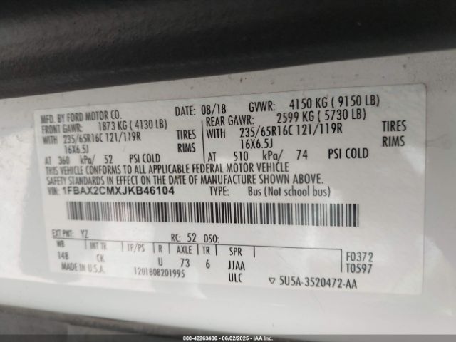 1FBAX2CMXJKB46104 Ford Transit-350 Xl