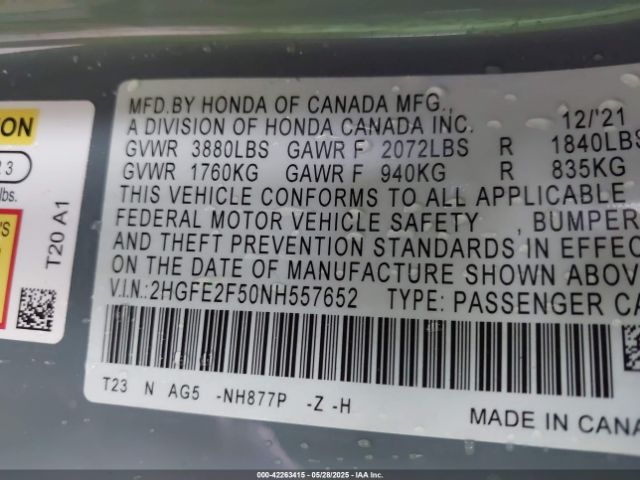 2022 HONDA CIVIC 2HGFE2F50NH557652 Photo 8