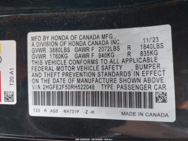 2HGFE2F50RH522048 Honda Civic Sport
