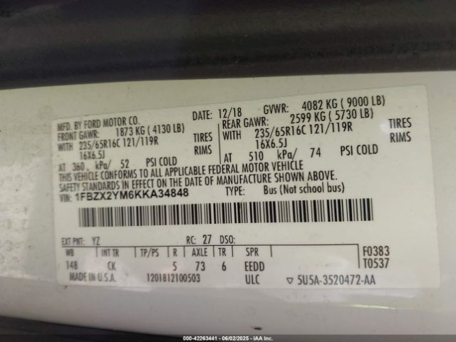 1FBZX2YM6KKA34848 Ford Transit-350 Xl