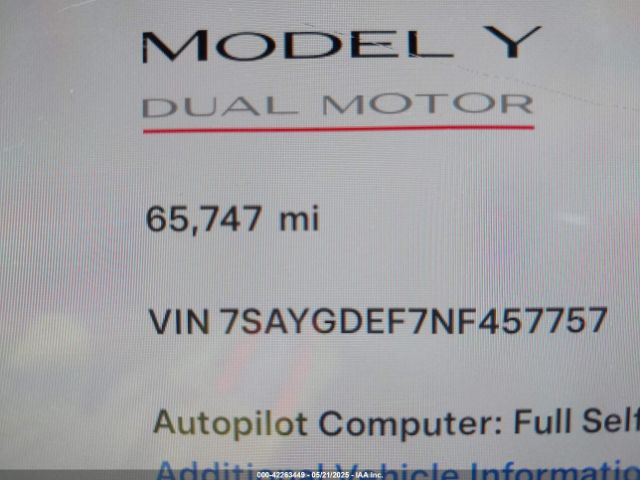 7SAYGDEF7NF457757 Tesla Model Y Performance Dual Motor All-wheel Drive