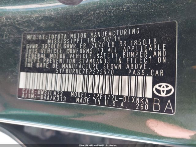 5YFBURHE7FP223670 Toyota Corolla Le Premium