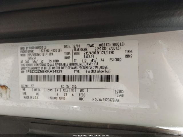 1FBZX2ZM8KKA34929 Ford Transit-350 Xl