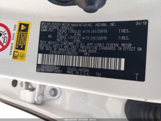5TDDZRFH1JS860254 Toyota Highlander Limited Platinum