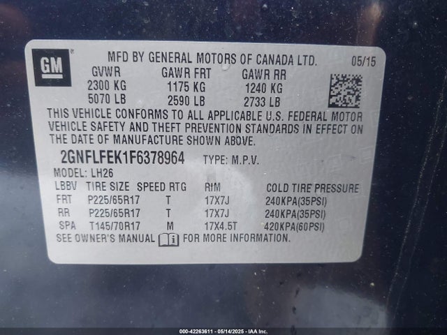 2GNFLFEK1F6378964 Chevrolet EQUINOX 1LT