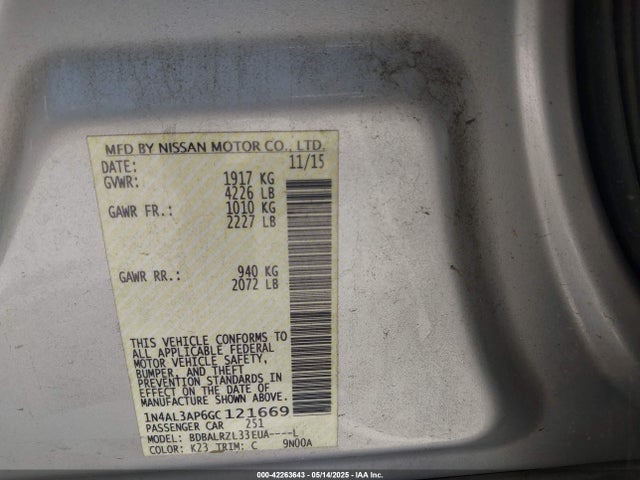 2016 Nissan Altima 2.5 Sl მანქანა იყიდება აუქციონზე, vin: 1N4AL3AP6GC121669, აუქციონის ნომერი: 42263643