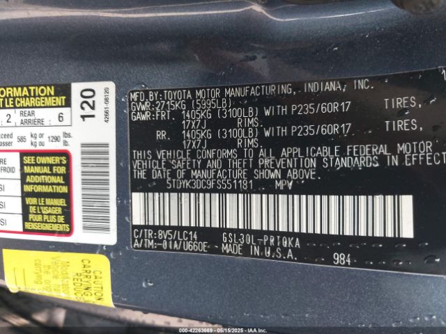 5TDYK3DC9FS551181 Toyota Sienna Xle 8 Passenger