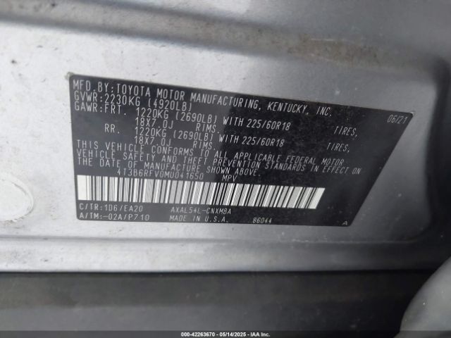 4T3B6RFV0MU041650 Toyota Rav4 Hybrid Xle Premium