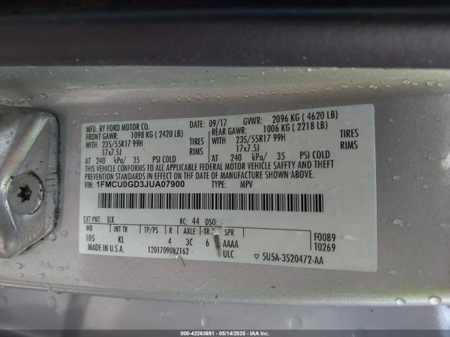 1FMCU0GD3JUA07900 Ford ESCAPE SE