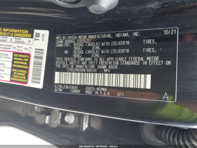 5TDGZRBH5MS160549 Toyota Highlander Xle