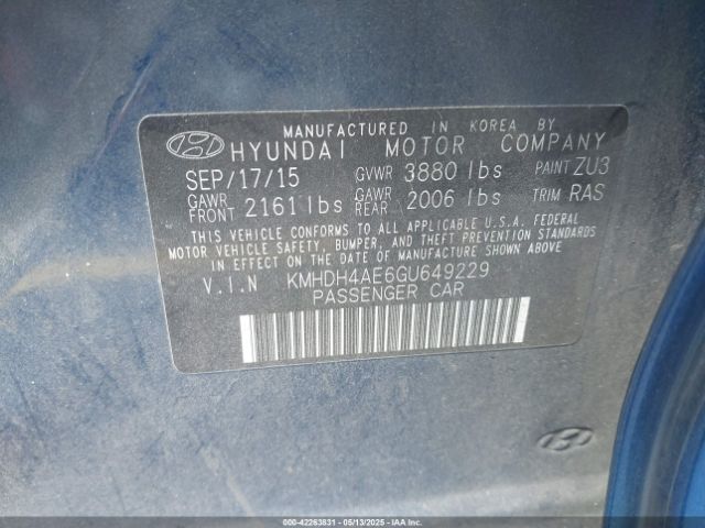 KMHDH4AE6GU649229 Hyundai ELANTRA SE