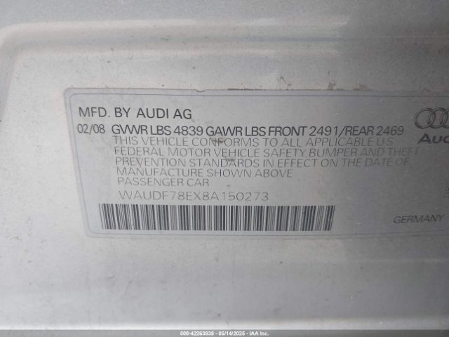 2008 AUDI A4 WAUDF78EX8A150273 Photo 8