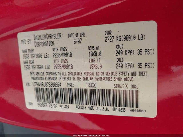 2007 DODGE DAKOTA 1D7HW48J87S268904 Photo 8