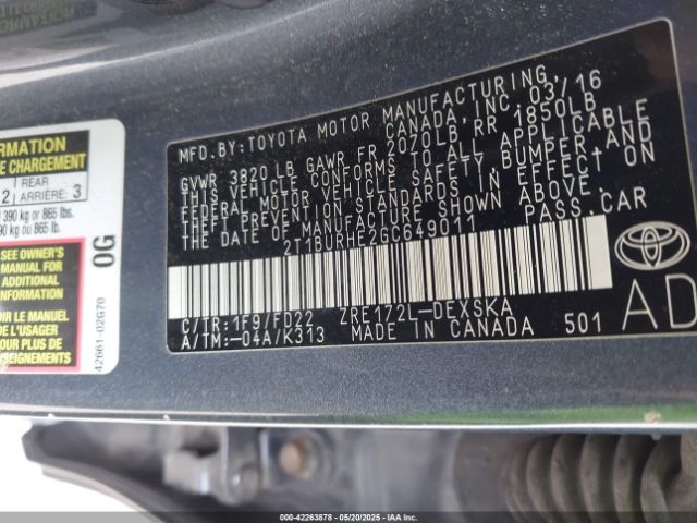 2T1BURHE2GC649011 Toyota Corolla S