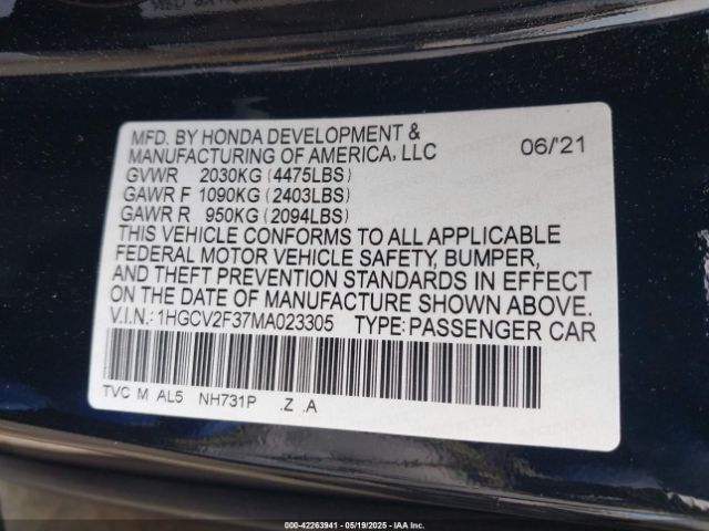 1HGCV2F37MA023305 Honda Accord Sport 2.0t