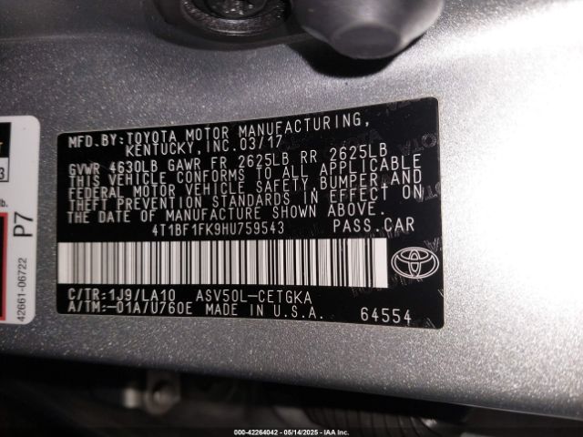 4T1BF1FK9HU759543 Toyota CAMRY XLE
