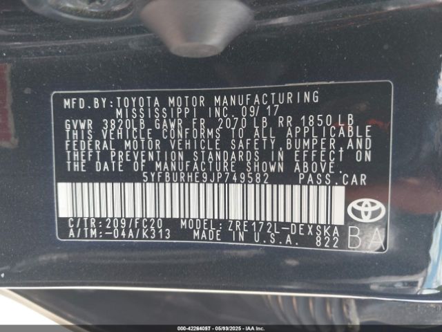 5YFBURHE9JP749582 Toyota COROLLA SE