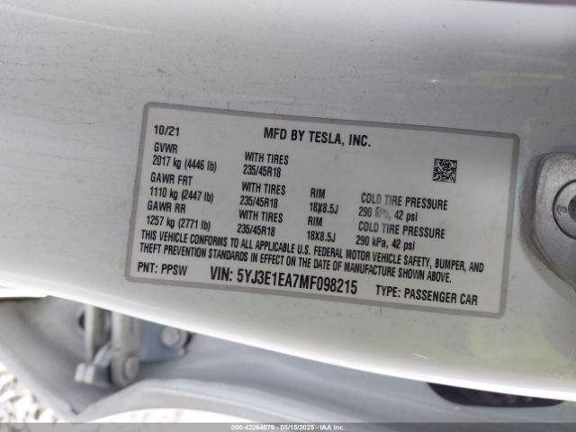 5YJ3E1EA7MF098215 Tesla Model 3 Standard Range Plus Rear-wheel Drive