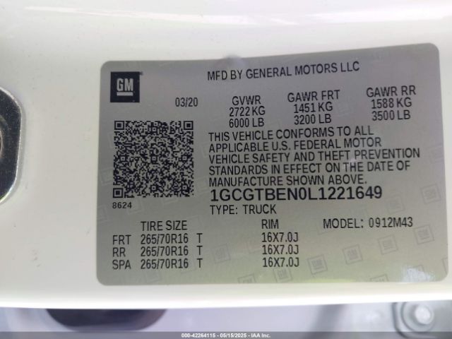 1GCGTBEN0L1221649 Chevrolet Colorado 4wd  Short Box Wt