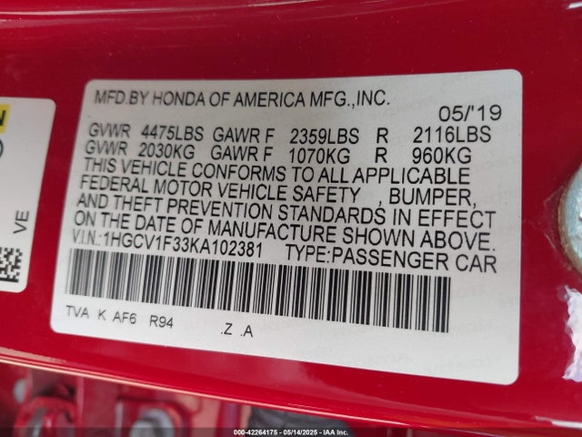1HGCV1F33KA102381 Honda Accord Sport