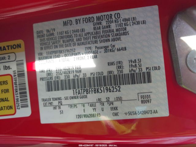 1FATP8FF8K5196252 Ford Mustang Gt Premium