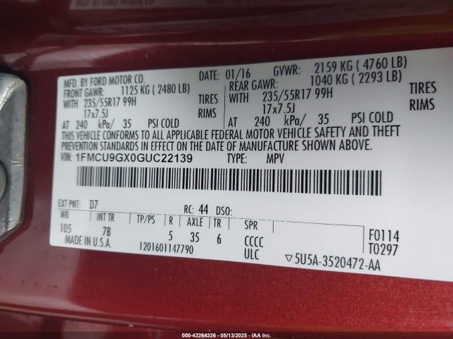 1FMCU9GX0GUC22139 Ford ESCAPE SE