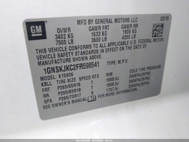 1GNSKJKC2FR598541 Chevrolet Suburban 1500 Lt