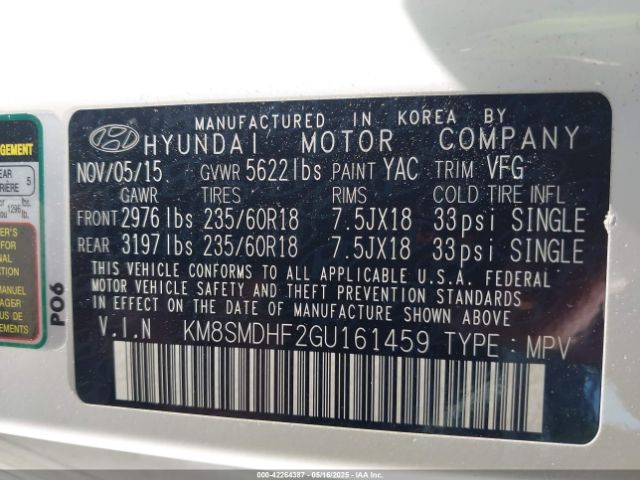 KM8SMDHF2GU161459 Hyundai Santa Fe Se