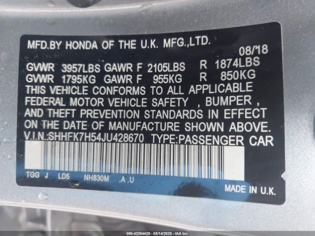2018 HONDA CIVIC SHHFK7H54JU428670 Photo 8