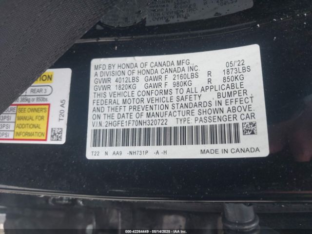2HGFE1F70NH320722 Honda CIVIC EX