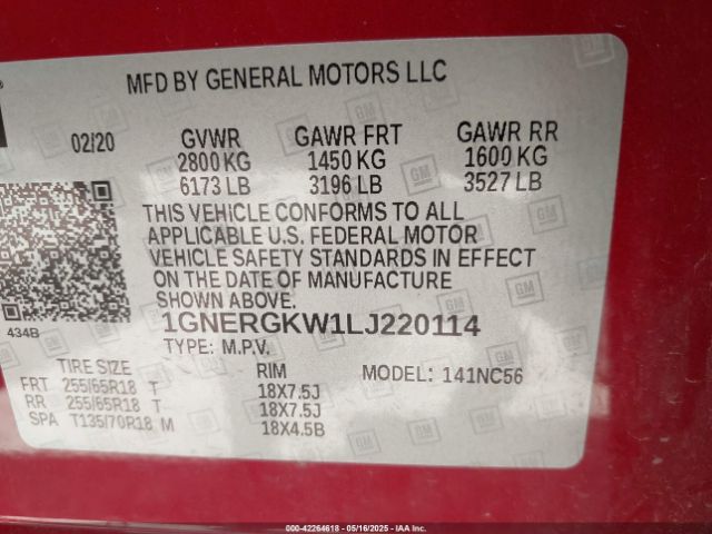 1GNERGKW1LJ220114 Chevrolet Traverse Fwd Lt Cloth